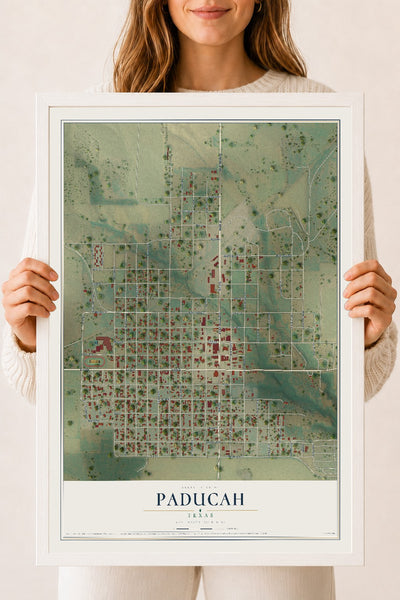 Map of Paducah, Texas, 18 x 24 inch print in a white wood frame