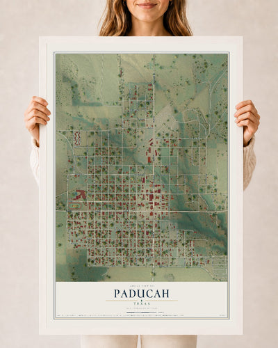 Map of Paducah, Texas, 24 x 36 inch print in a white wood frame