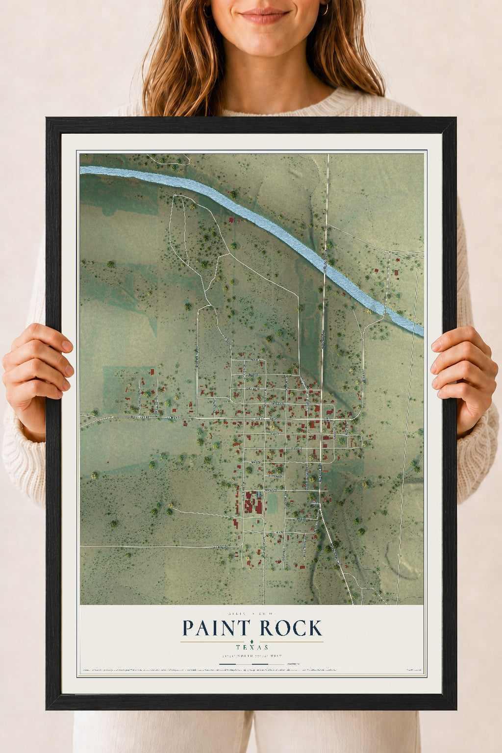 Map of Paint Rock, Texas, 18 x 24 inch print in a black wood frame