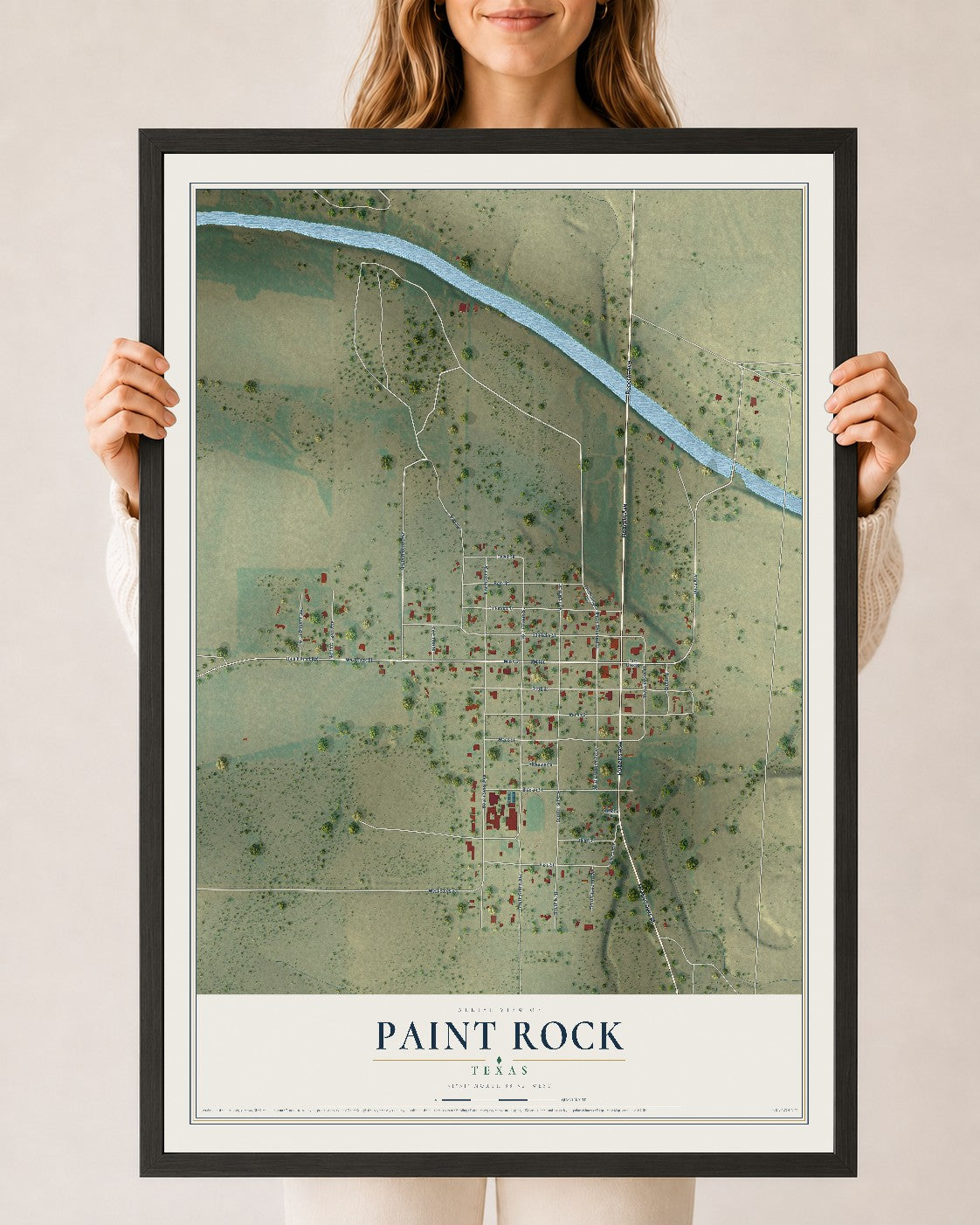 Map of Paint Rock, Texas, 24 x 36 inch print in a black wood frame
