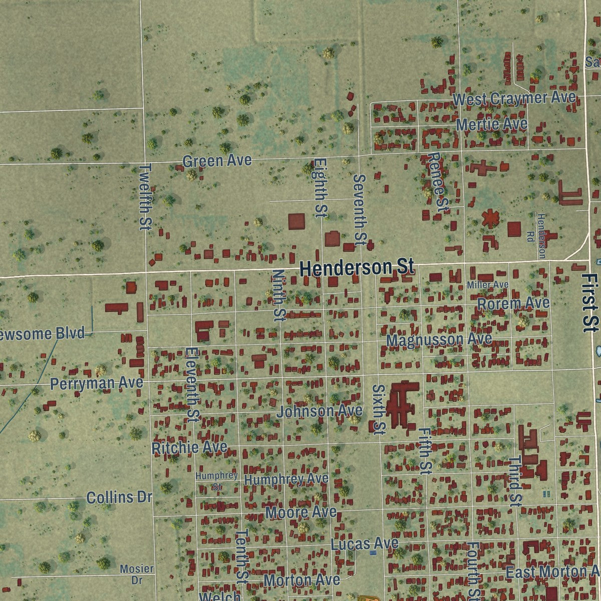 Close-up of the map of Palacios, Texas print showing street and building detail