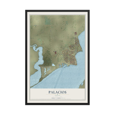 Map of Palacios, Texas, 12 x 18 inch print in a black wood frame