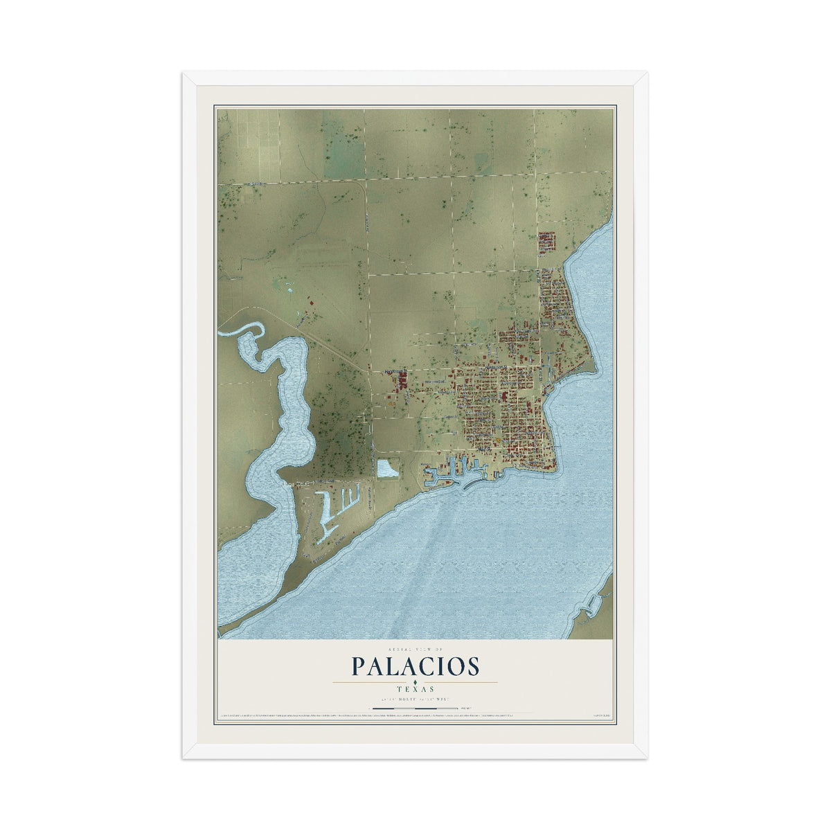 Map of Palacios, Texas, 12 x 18 inch print in a white wood frame