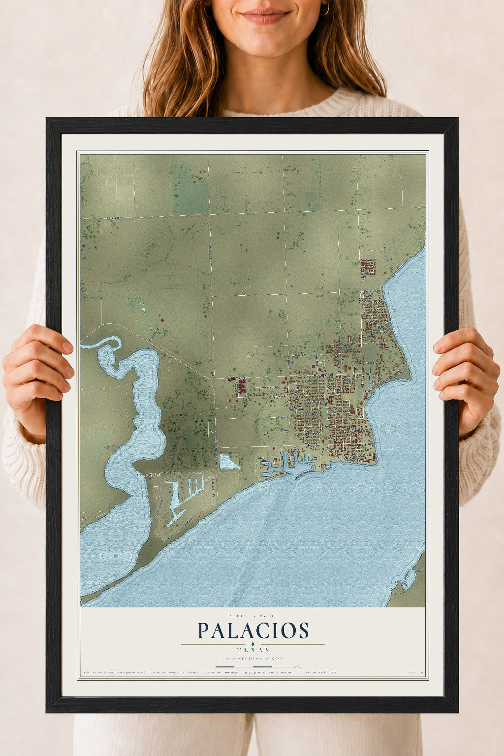 Map of Palacios, Texas, 18 x 24 inch print in a black wood frame
