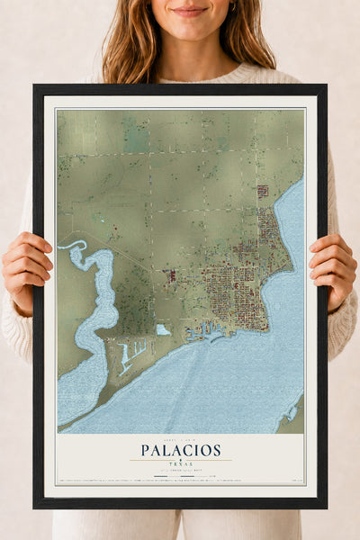 Map of Palacios, Texas, 18 x 24 inch print in a black wood frame