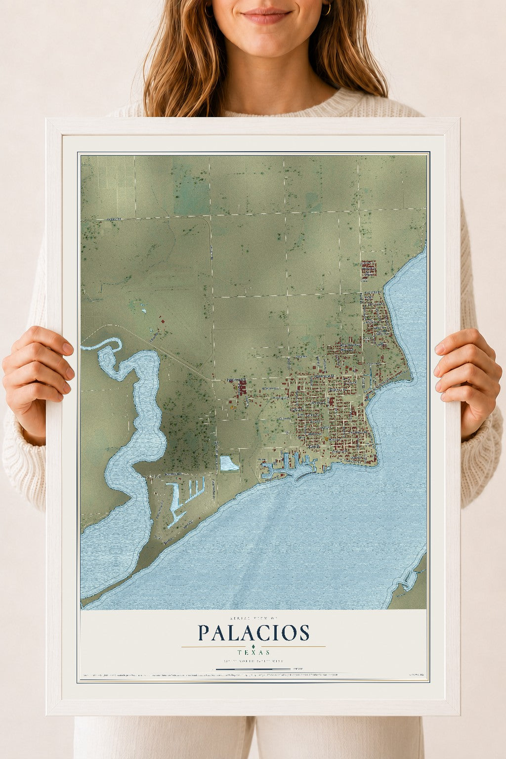 Map of Palacios, Texas, 18 x 24 inch print in a white wood frame