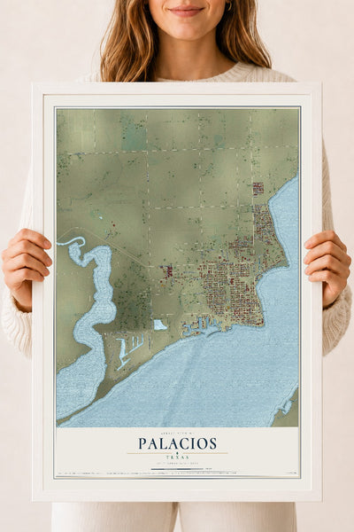 Map of Palacios, Texas, 18 x 24 inch print in a white wood frame
