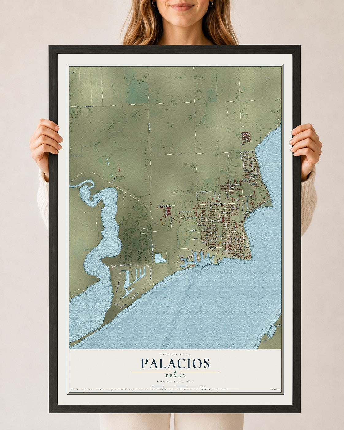 Map of Palacios, Texas, 24 x 36 inch print in a black wood frame