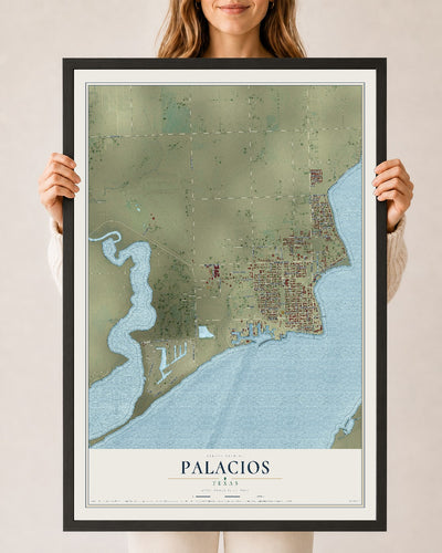 Map of Palacios, Texas, 24 x 36 inch print in a black wood frame