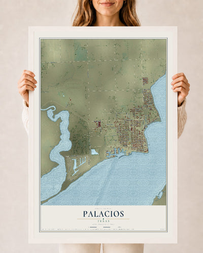 Map of Palacios, Texas, 24 x 36 inch print in a white wood frame