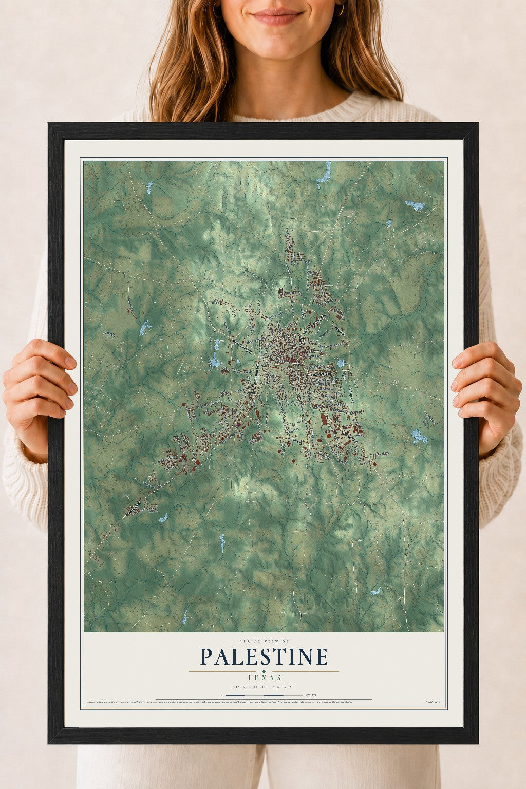 Map of Palestine, Texas, 18 x 24 inch print in a black wood frame