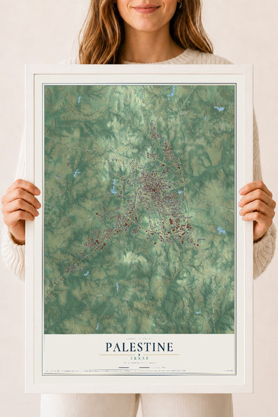 Map of Palestine, Texas, 18 x 24 inch print in a white wood frame