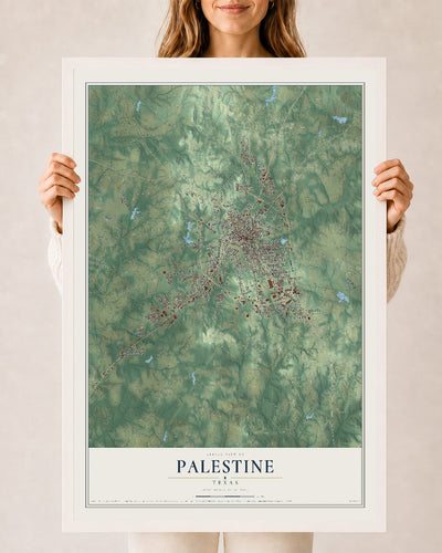 Map of Palestine, Texas, 24 x 36 inch print in a white wood frame