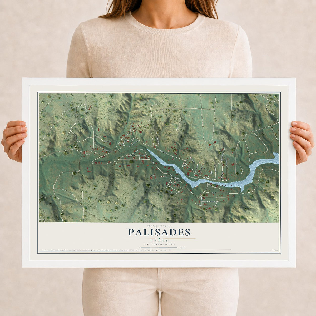 Map of Palisades, Texas, 12 x 18 inch print in a white wood frame