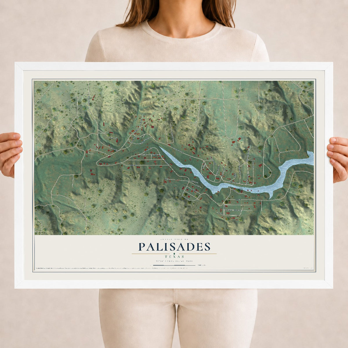 Map of Palisades, Texas, 18 x 24 inch print in a white wood frame