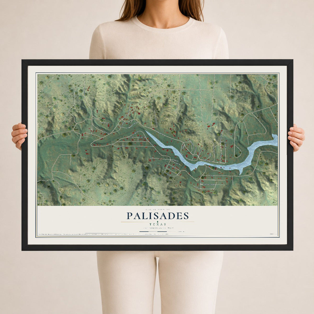 Map of Palisades, Texas, 24 x 36 inch print in a black wood frame