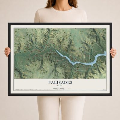 Map of Palisades, Texas, 24 x 36 inch print in a black wood frame