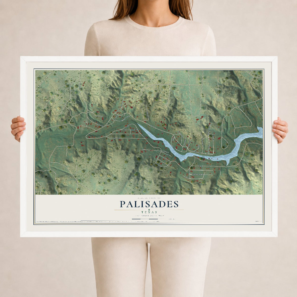 Map of Palisades, Texas, 24 x 36 inch print in a white wood frame