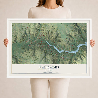 Map of Palisades, Texas, 24 x 36 inch print in a white wood frame