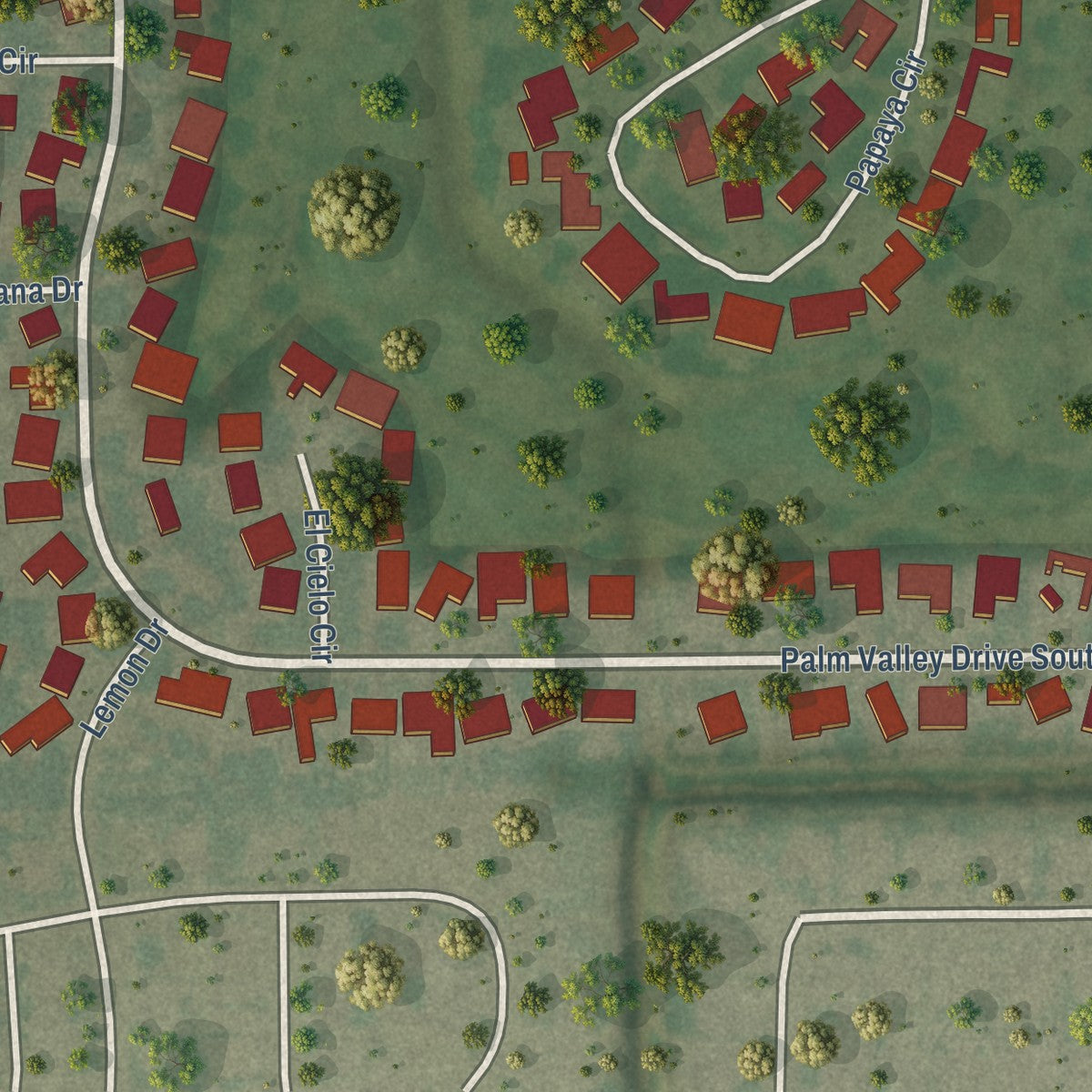 Second close-up of the map of Palm Valley, Texas print showing more streets and buildings