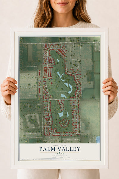 Map of Palm Valley, Texas, 18 x 24 inch print in a white wood frame