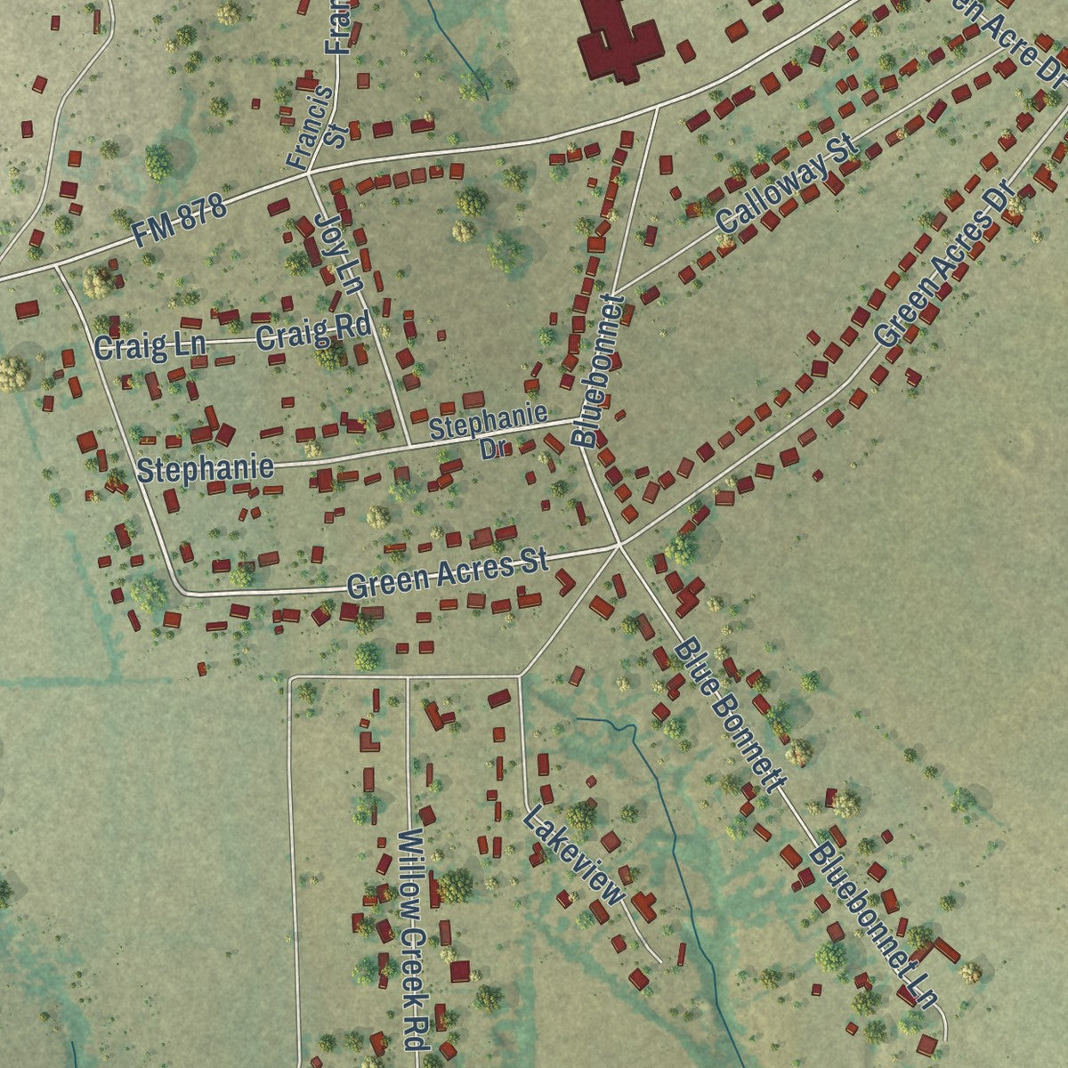 Second close-up of the map of Palmer, Texas print showing more streets and buildings