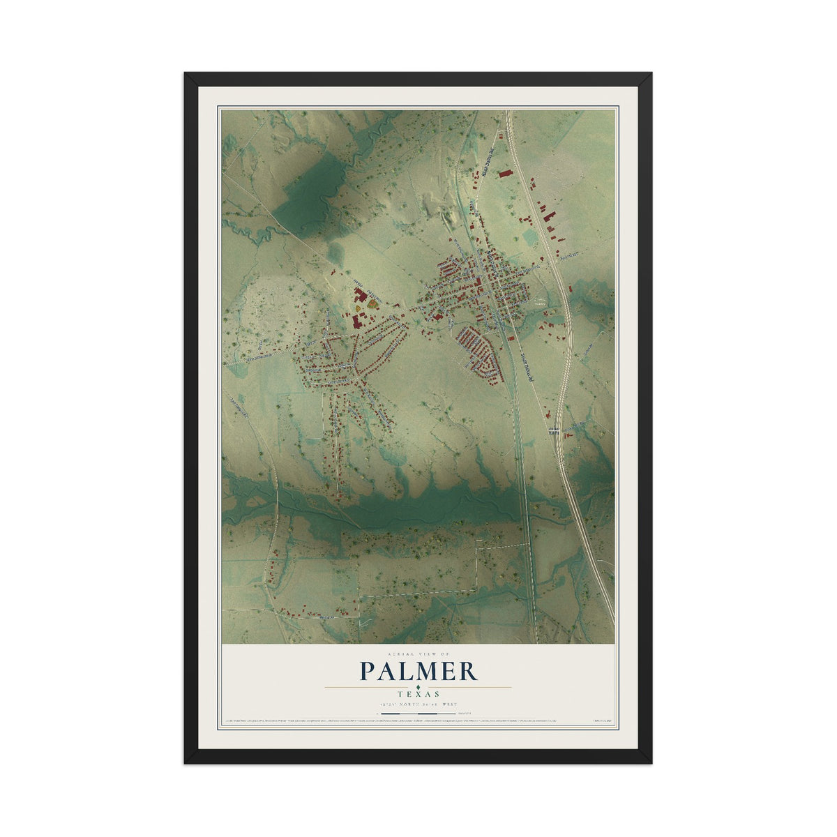 Map of Palmer, Texas, 12 x 18 inch print in a black wood frame