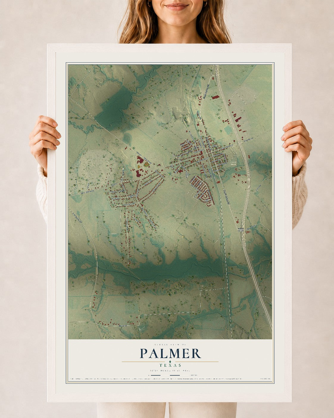 Map of Palmer, Texas, 24 x 36 inch print in a white wood frame
