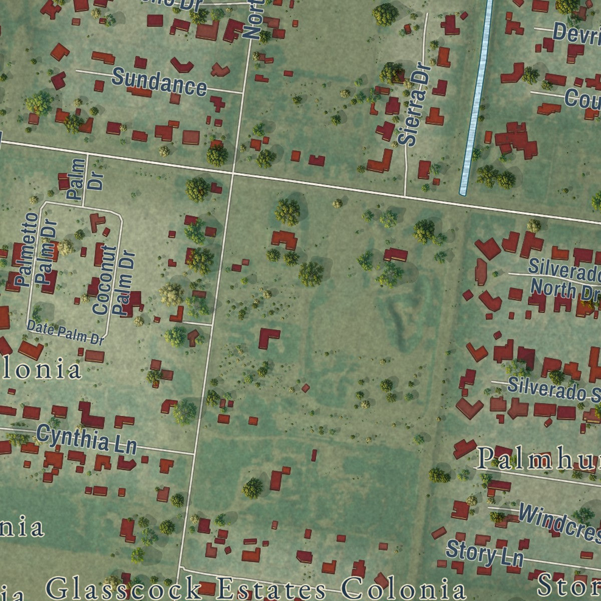 Close-up of the map of Palmhurst, Texas print showing street and building detail