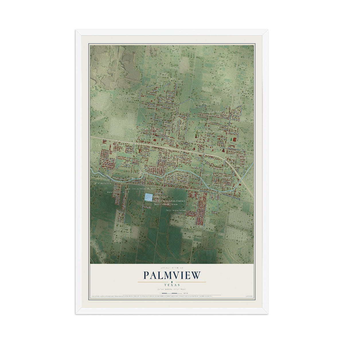 Map of Palmview, Texas, 12 x 18 inch print in a white wood frame