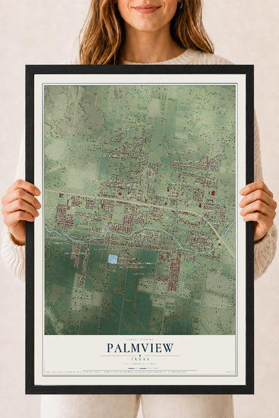 Map of Palmview, Texas, 18 x 24 inch print in a black wood frame