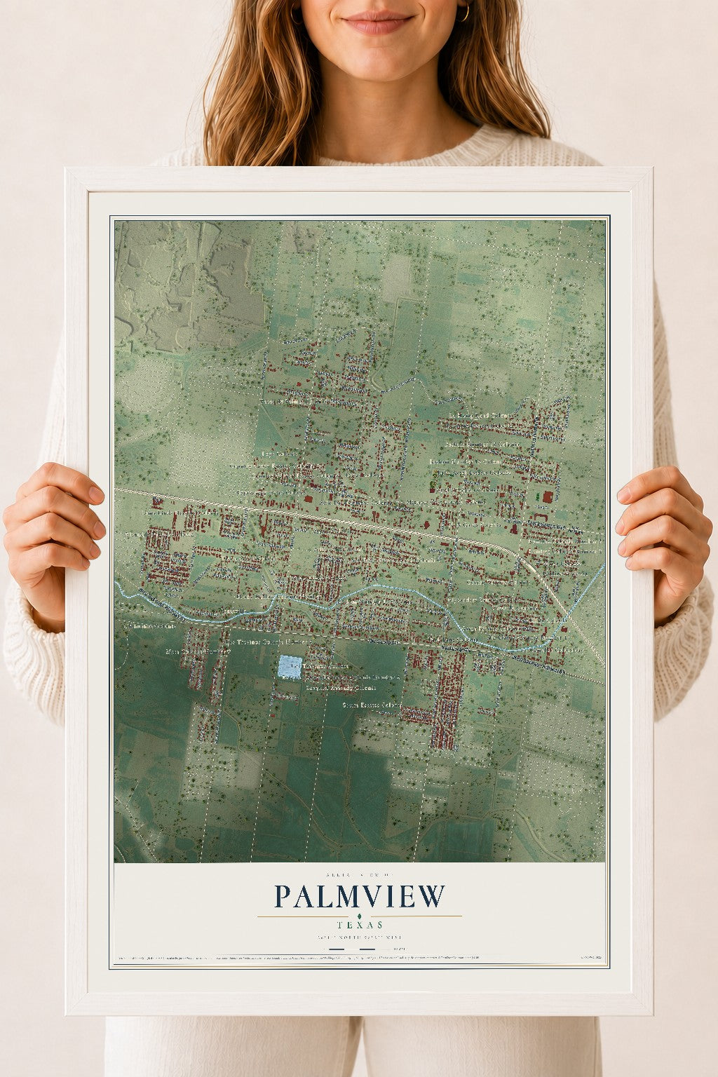 Map of Palmview, Texas, 18 x 24 inch print in a white wood frame