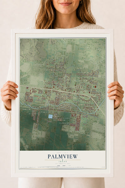 Map of Palmview, Texas, 18 x 24 inch print in a white wood frame