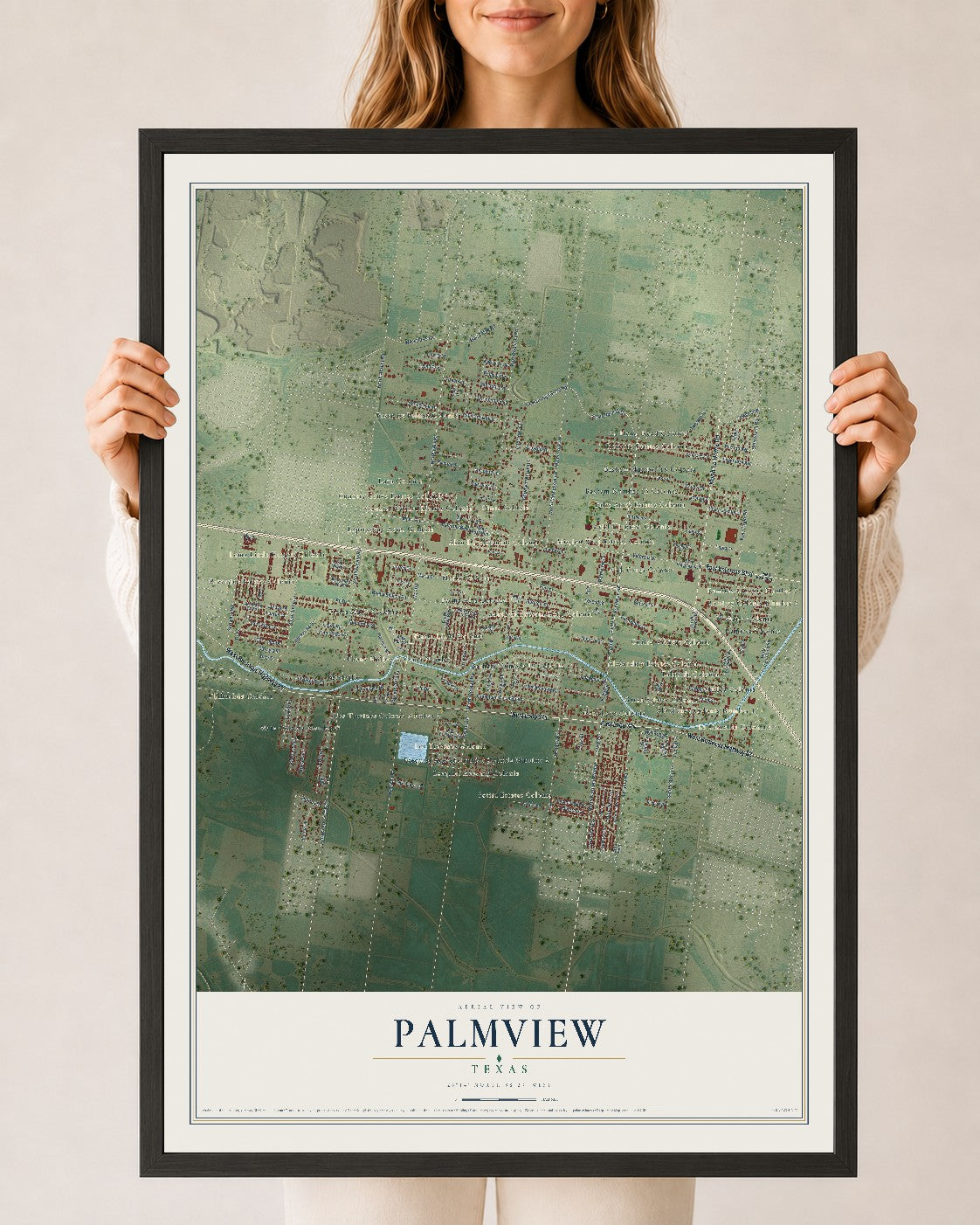 Map of Palmview, Texas, 24 x 36 inch print in a black wood frame