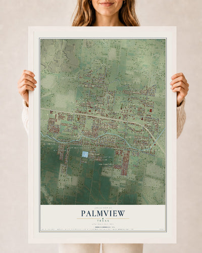 Map of Palmview, Texas, 24 x 36 inch print in a white wood frame