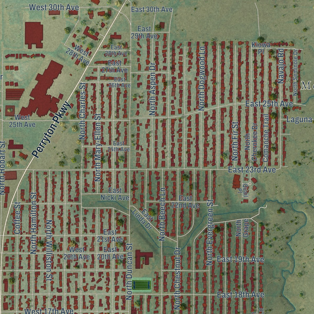 Second close-up of the map of Pampa, Texas print showing more streets and buildings