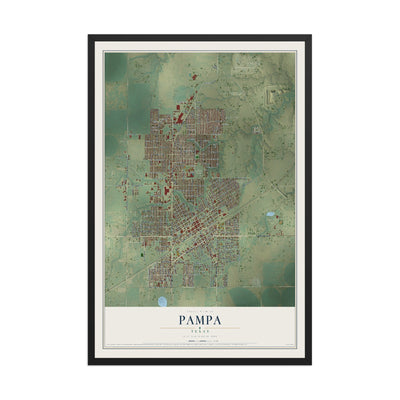 Map of Pampa, Texas, 12 x 18 inch print in a black wood frame