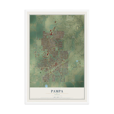 Map of Pampa, Texas, 12 x 18 inch print in a white wood frame