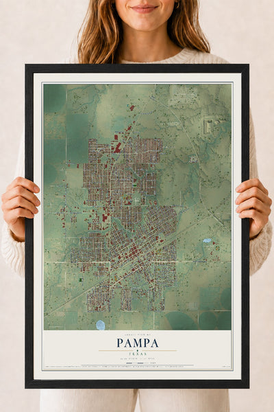 Map of Pampa, Texas, 18 x 24 inch print in a black wood frame