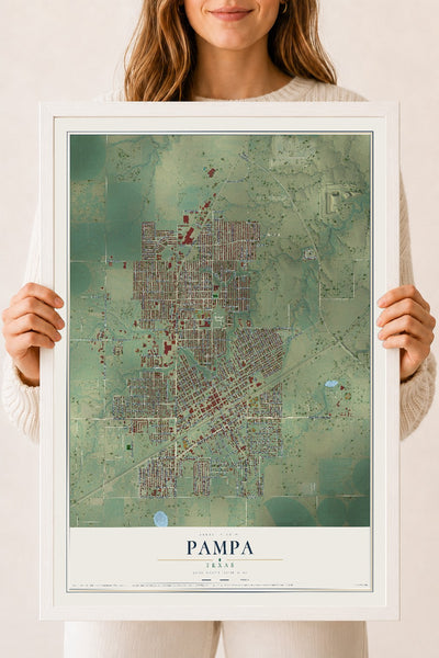 Map of Pampa, Texas, 18 x 24 inch print in a white wood frame