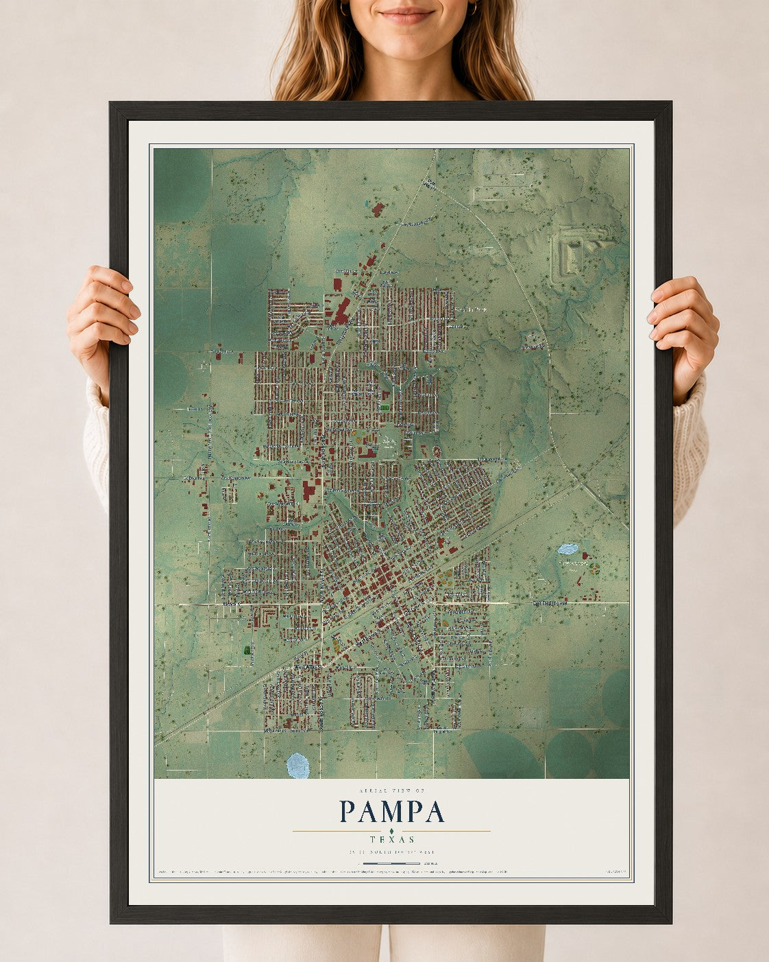 Map of Pampa, Texas, 24 x 36 inch print in a black wood frame