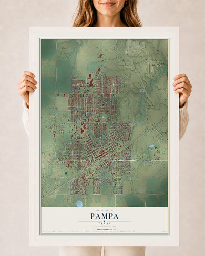 Map of Pampa, Texas, 24 x 36 inch print in a white wood frame