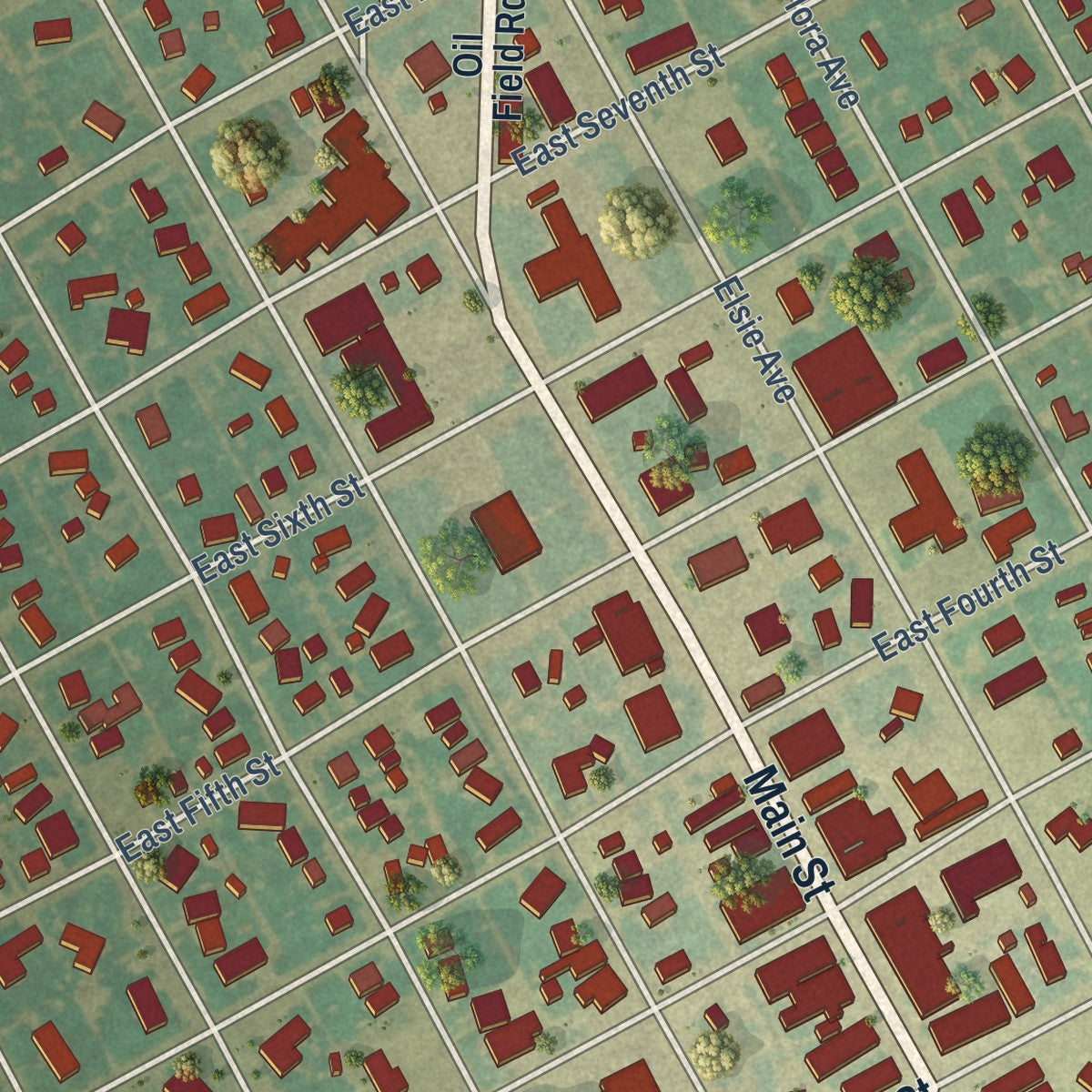 Close-up of the map of Panhandle, Texas print showing street and building detail