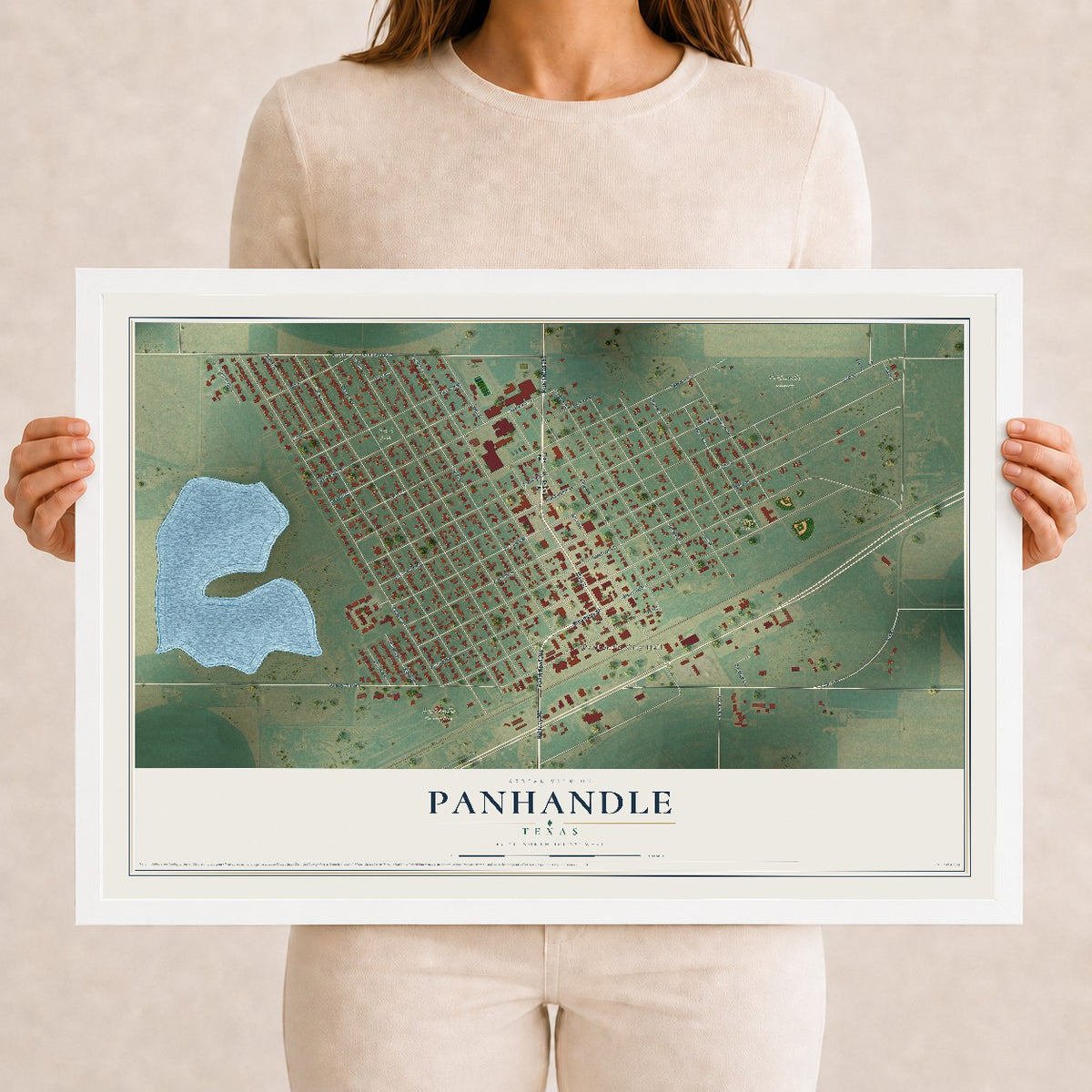 Map of Panhandle, Texas, 12 x 18 inch print in a white wood frame