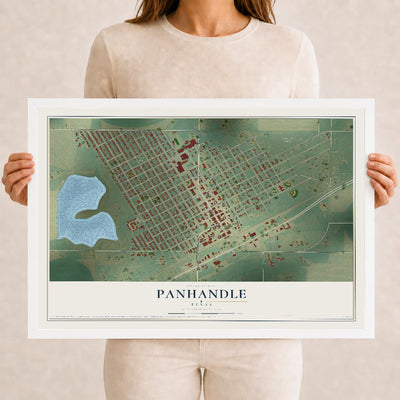 Map of Panhandle, Texas, 12 x 18 inch print in a white wood frame