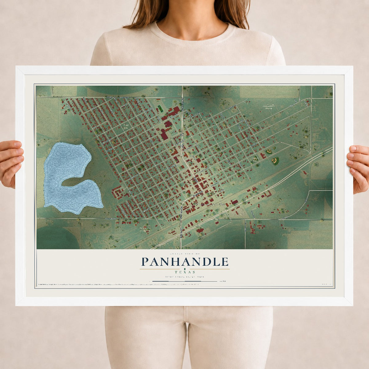 Map of Panhandle, Texas, 18 x 24 inch print in a white wood frame
