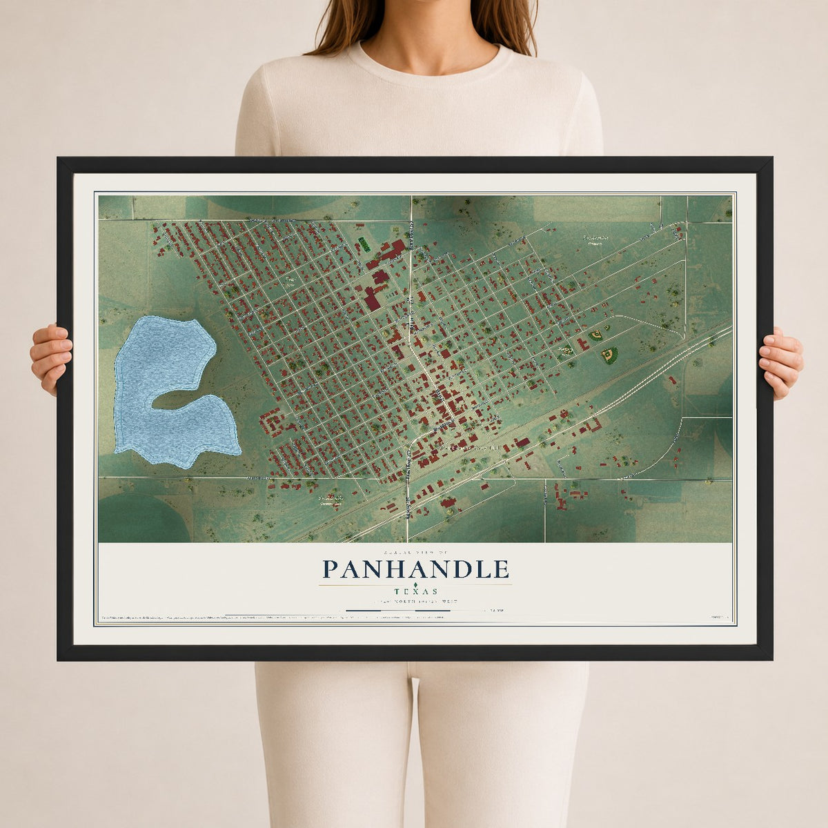 Map of Panhandle, Texas, 24 x 36 inch print in a black wood frame