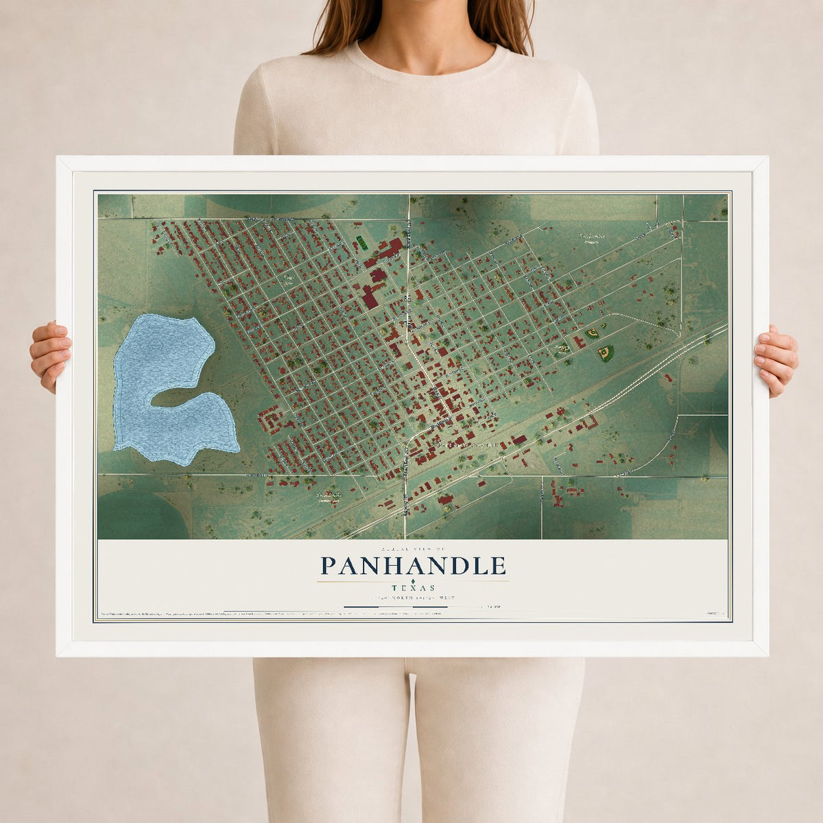 Map of Panhandle, Texas, 24 x 36 inch print in a white wood frame