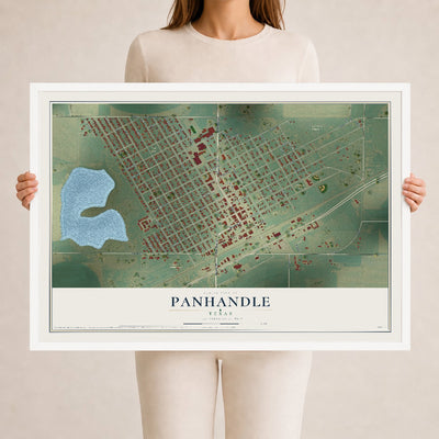 Map of Panhandle, Texas, 24 x 36 inch print in a white wood frame