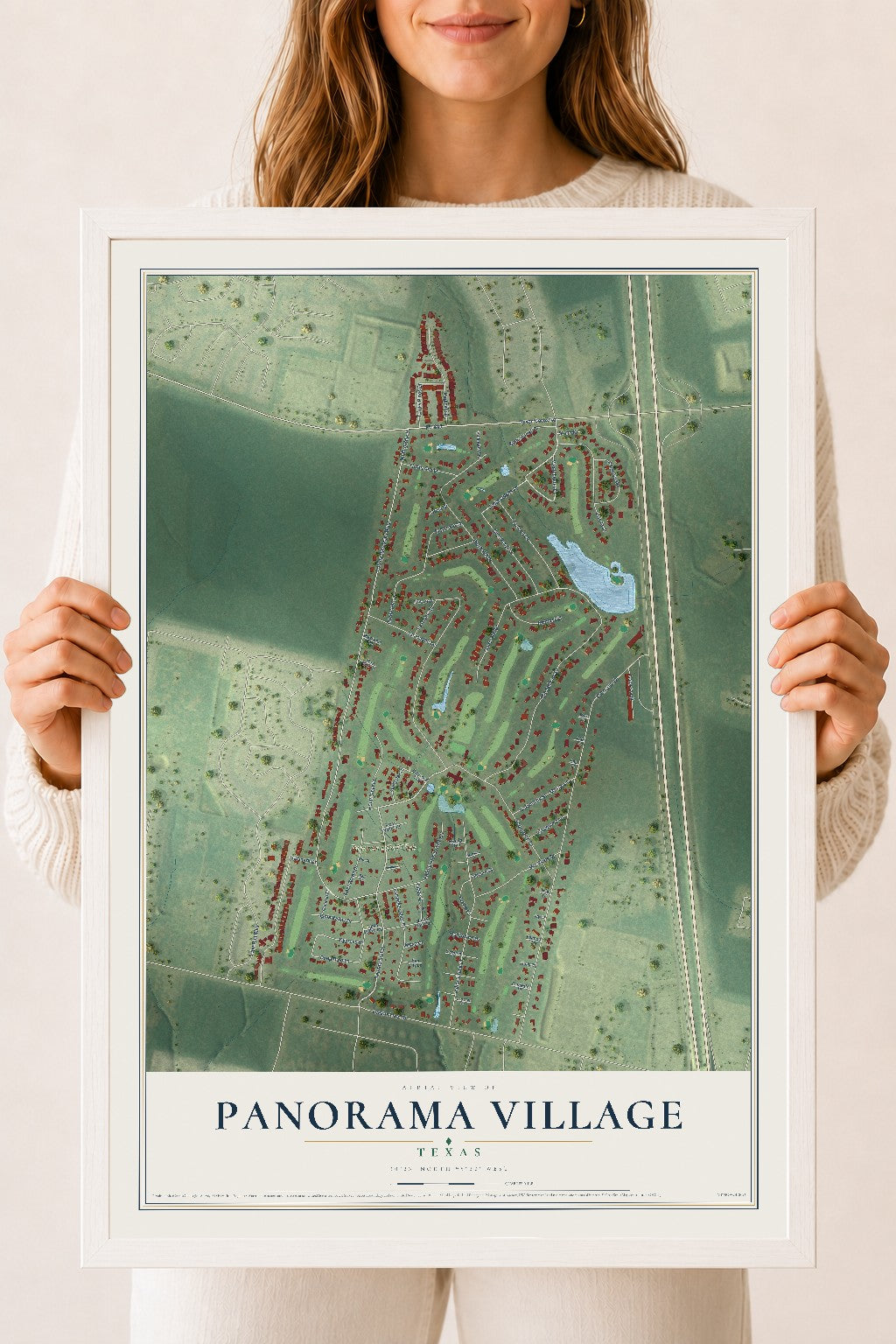 Map of Panorama Village, Texas, 18 x 24 inch print in a white wood frame